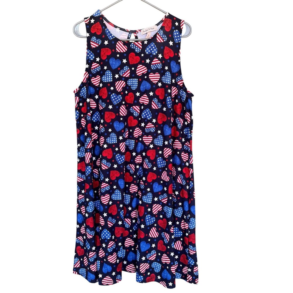 Harlow & Rose Tank Dress Womens Large Patriotic Hearts Stars Swing 4th July USA